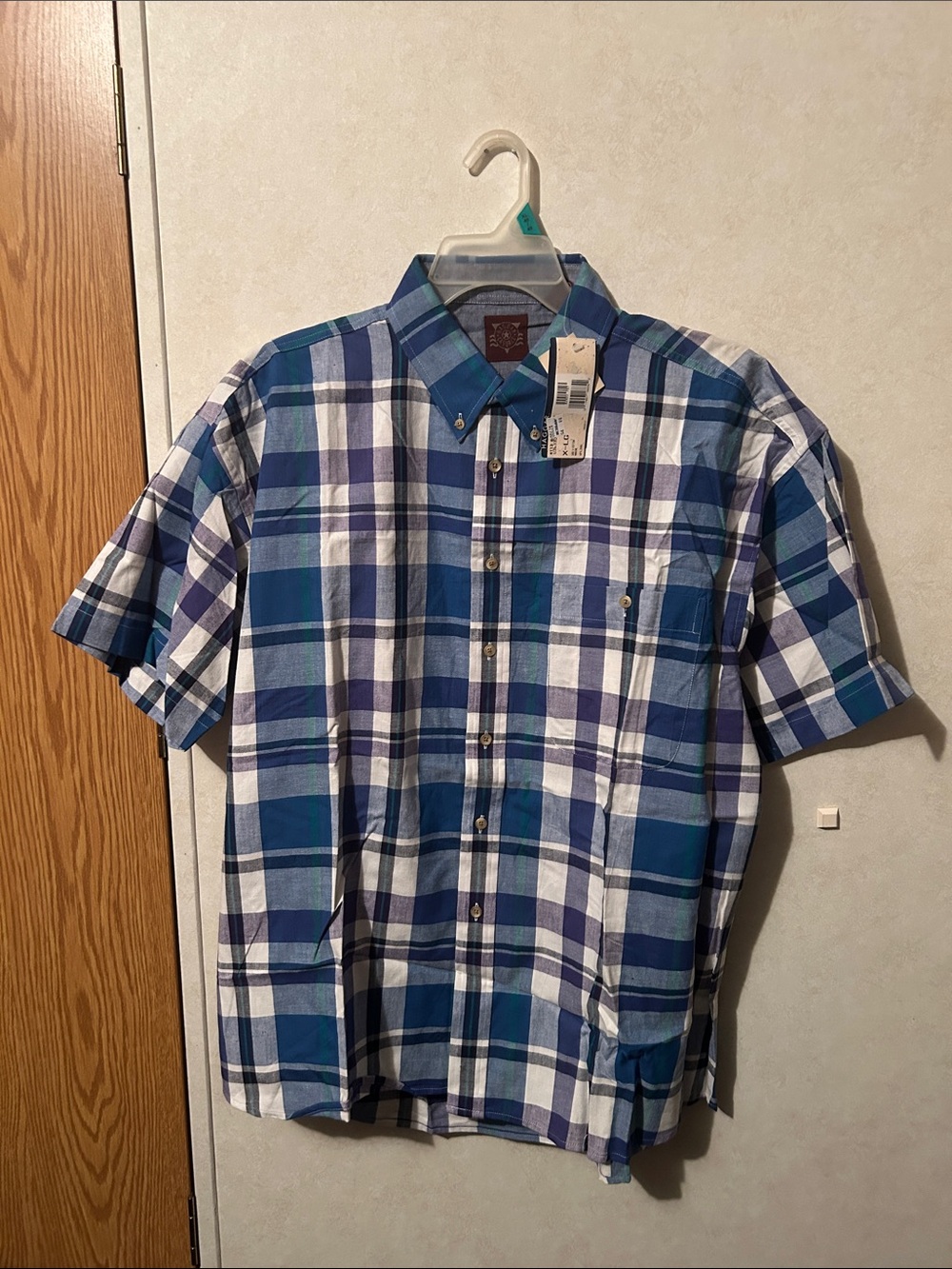 NWT XL Haggar Casuals Men's Blue Plaid Short Sleeve Button-Up Shirt